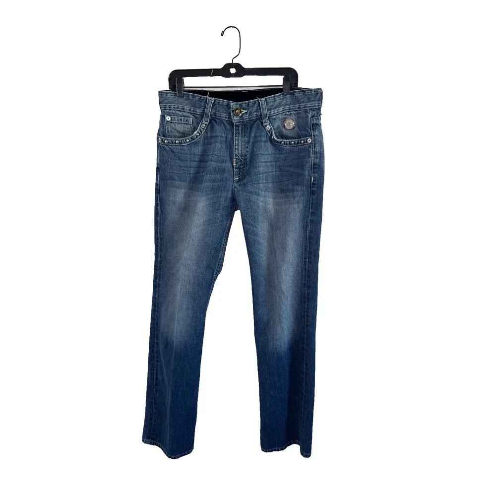 Crown Holder Straight Jeans Men 34 Blue Denim Cotton Beaded Embroidered Mid Rise